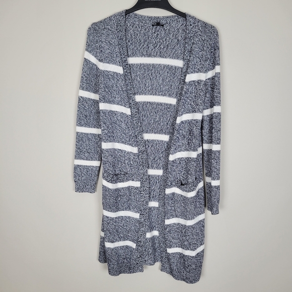 Talbots Womens Navy Striped Marled Duster Long Cardigan Size Petite 100% Cotton - Picture 2 of 10